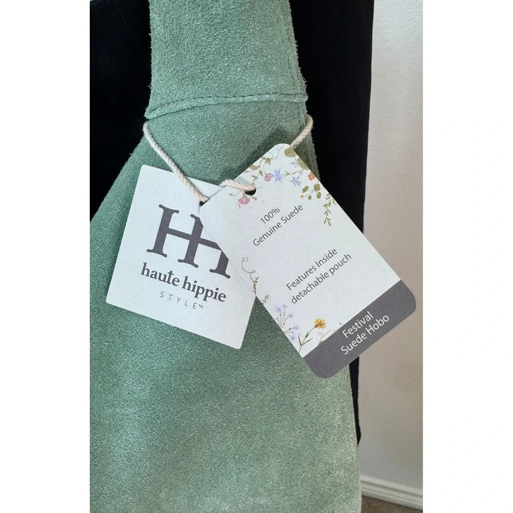 Haute Hippie Style Festival Suede Hobo Bag Green Braided Details Interior Pouch
